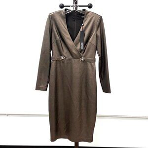 NWT Badgley Mischka Gunmetal Short Formal Rhinestone Pin L/S Dress Size 8